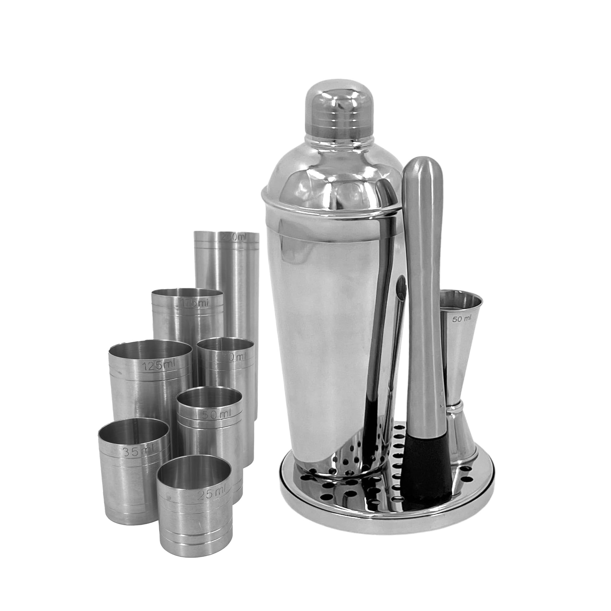 Chabrias Ltd Premium Stainless Steel Cocktail Set With Drip Tray & 7 Piece Thimble Set, 25ml-250ml, Barware Set, Cocktail Accessories, Ideal for Home Bars, Bar Accessories