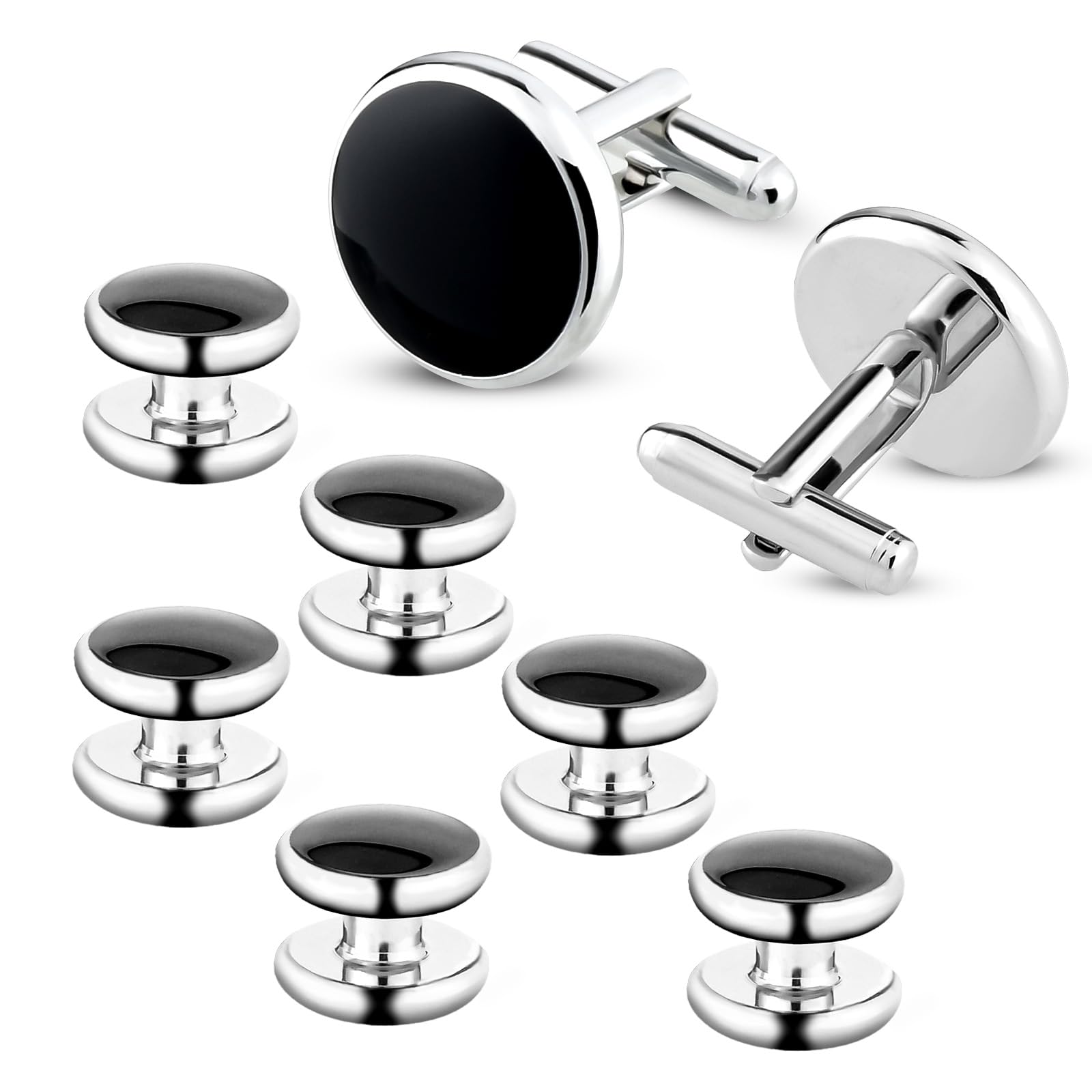 8 Pcs Men's Cufflinks, Tuxedo Studs Set for Men Classic Black&Silver Cufflinks Shirt Studs Men's Jewelry or Accessories Best Gift for Men Suitable for Wedding, Banquet, Ceremony, Business