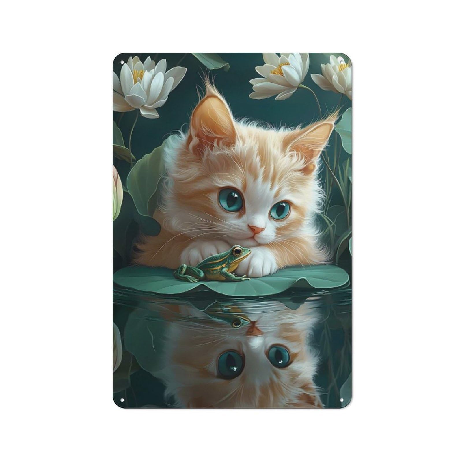Junmoney Kitten And Frog On Lily Pad Cornish Rex Cat Metal Wall Sign 30X20cm, Modern Retro Loft Wall Plaque For Flat, Bar, Studio Or Gallery Wall