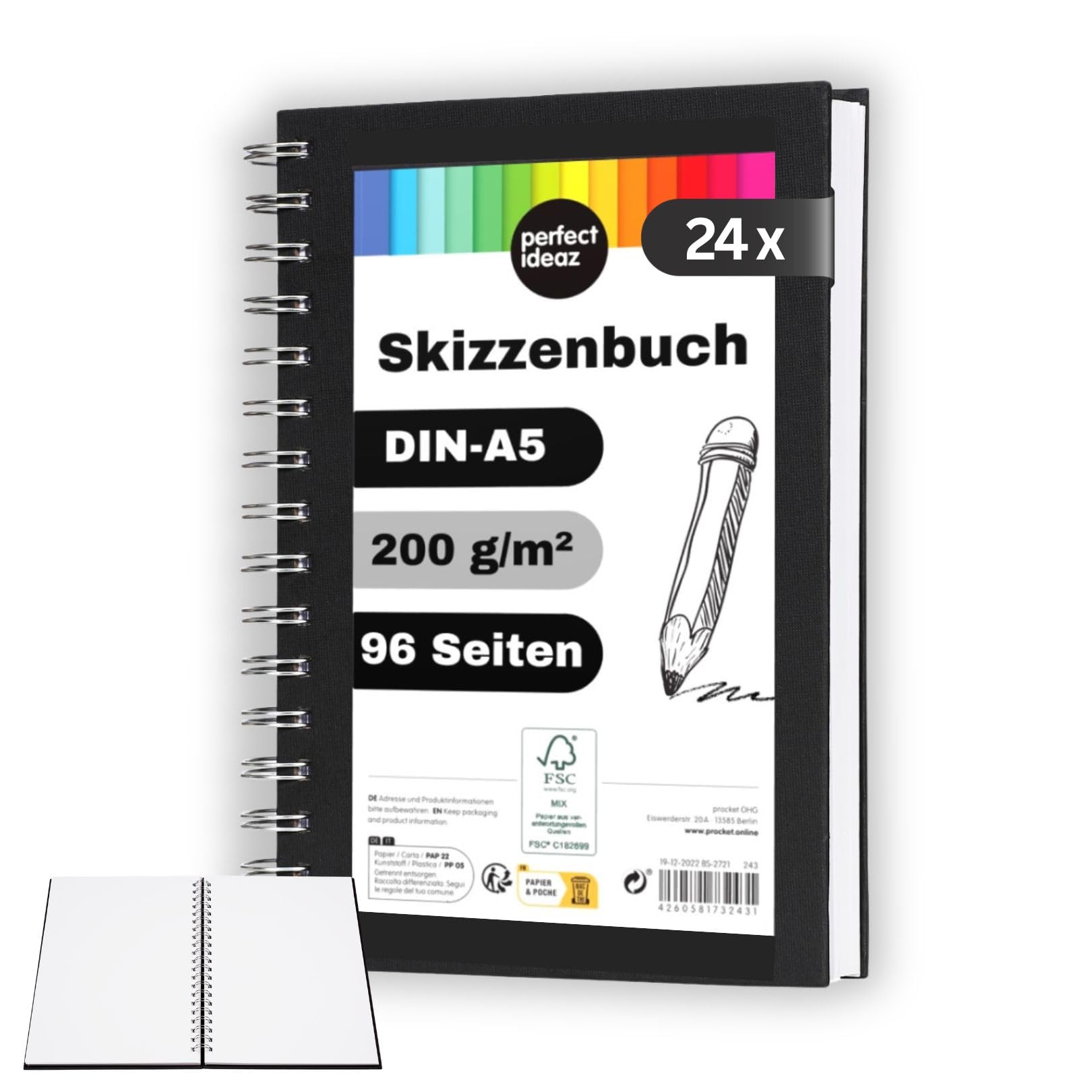 perfect ideaz - Skizzenbuch DIN-A5, Spiralbindung, FSC® zertifiziert, 96 Seite (48 Blatt), Hardcover Schwarz, Sketchbook, 200 g/m² dickes Papier, säurefrei (24 Skizzenbücher)