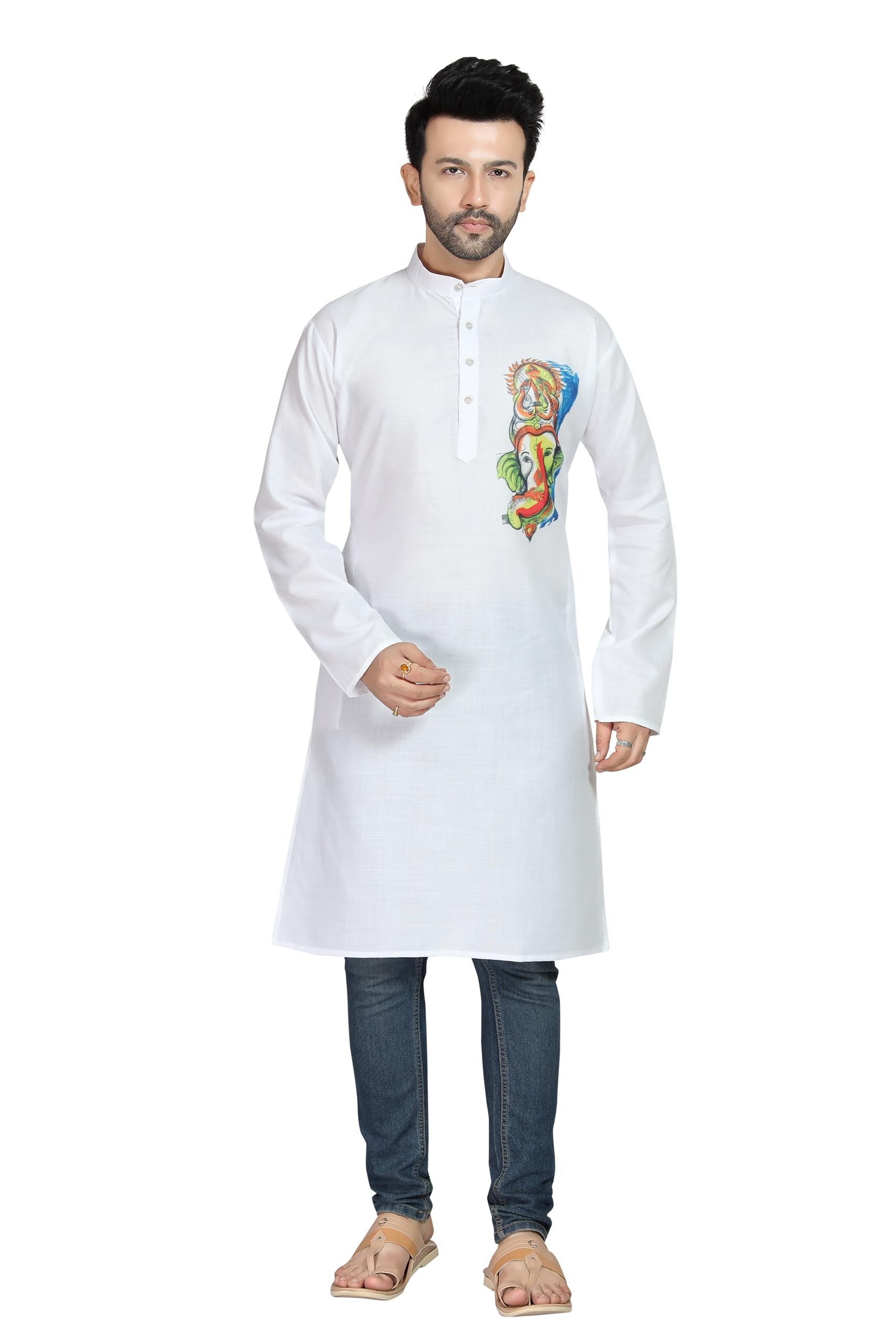 owlsky, sassy & stylo Men's Cotton Blend Digital Print White Kurta with Ganesha Print | Mandarin Collar, Long Sleeves | Traditional Indian Wear | Ganpati Pooja Festival-picture-28