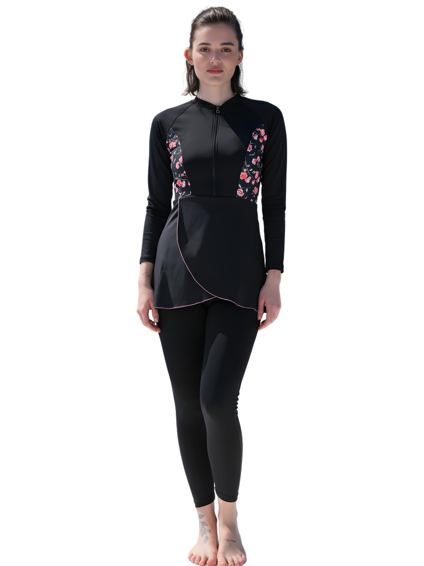 MEGASKA 2 Piece Modest Swimwear Front Zipper Full Sleeve Padded Swimsuit for Woman Ankle Length Legging Quick Dry Chlorine Resistant Lycra Swimming Suit for Women