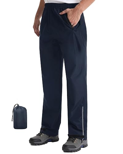iCreek Men's Rain Pants Packable Waterproof Lightweight Hiking Over Pants | Zipper Pockets, Pants Leg Reflective Strip,