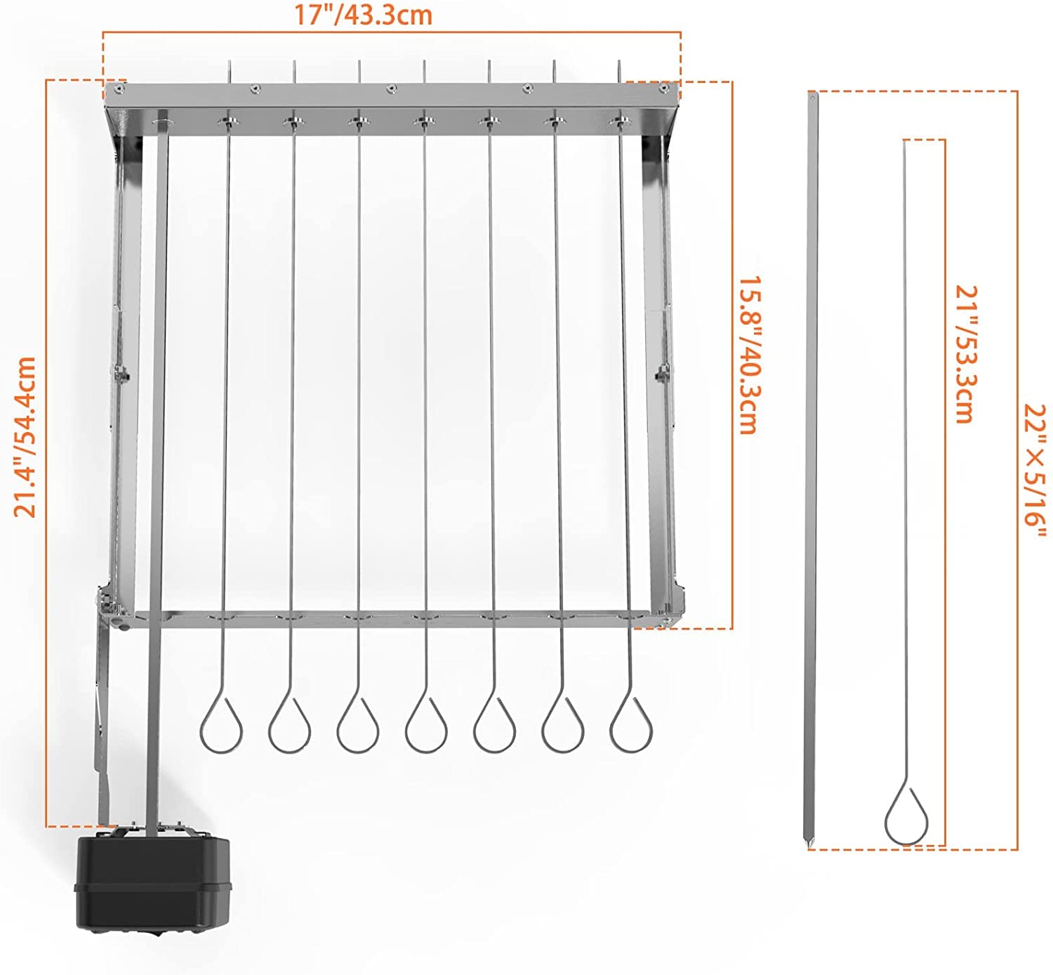 Onlyfire Elektrischer Spiessdreher, Edelstahl Drehspieß Aufsatz mit 7 Spießen und Motor, Größenverstellbar 43,3 x 40,3-46,3 cm, mit Netzstecker, Drehspieß Rotisserie, Silber