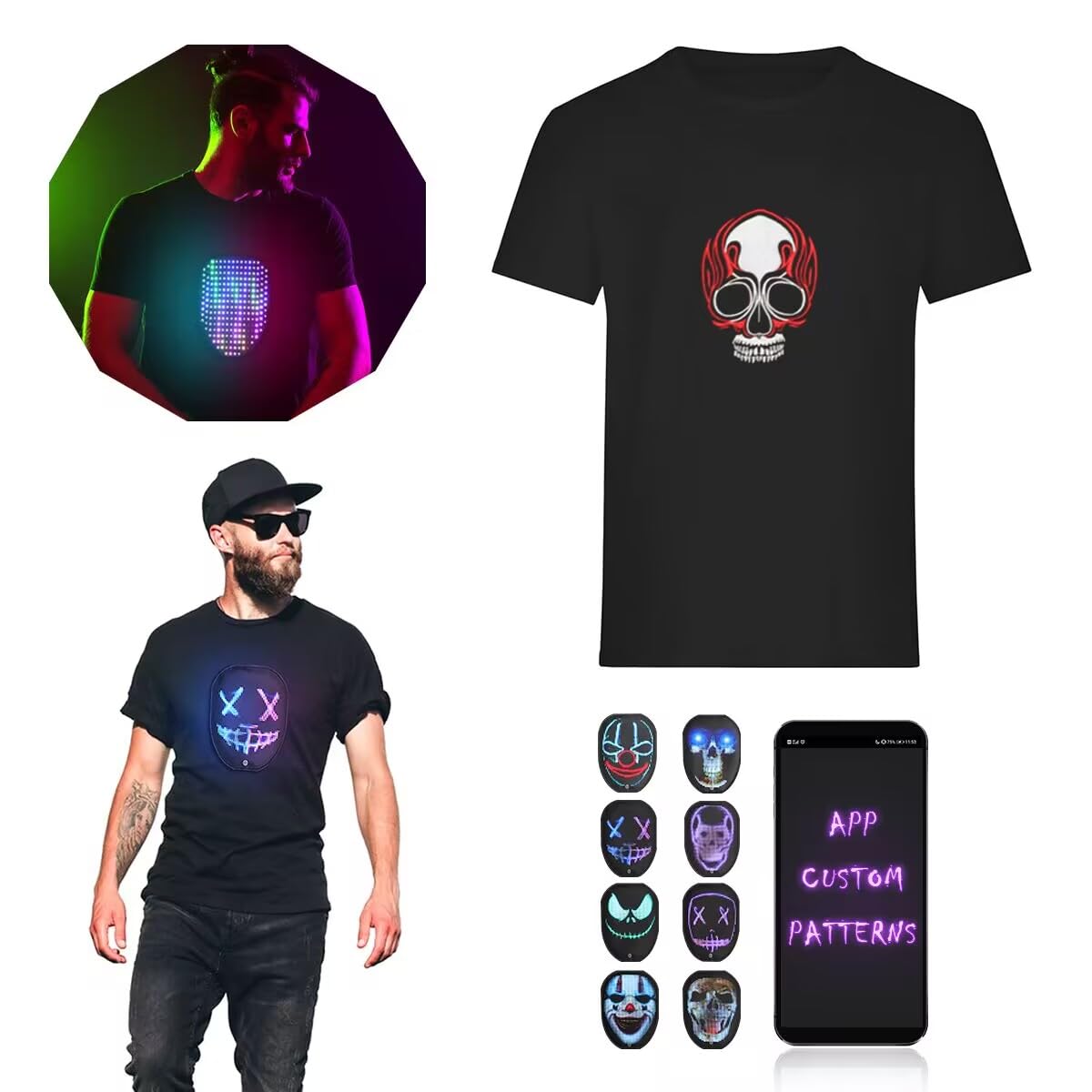 SutengLED T-Shirt Light Up T Shirts App Controlled Custom Text & Photo Glow Clothes for Party