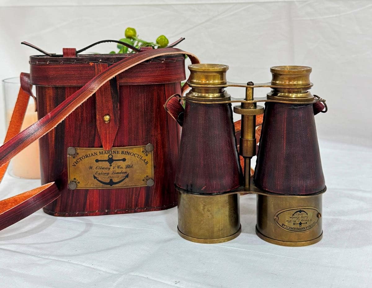 Binocolo nautico vintage in ottone, fatto a mano, con custodia in pelle
