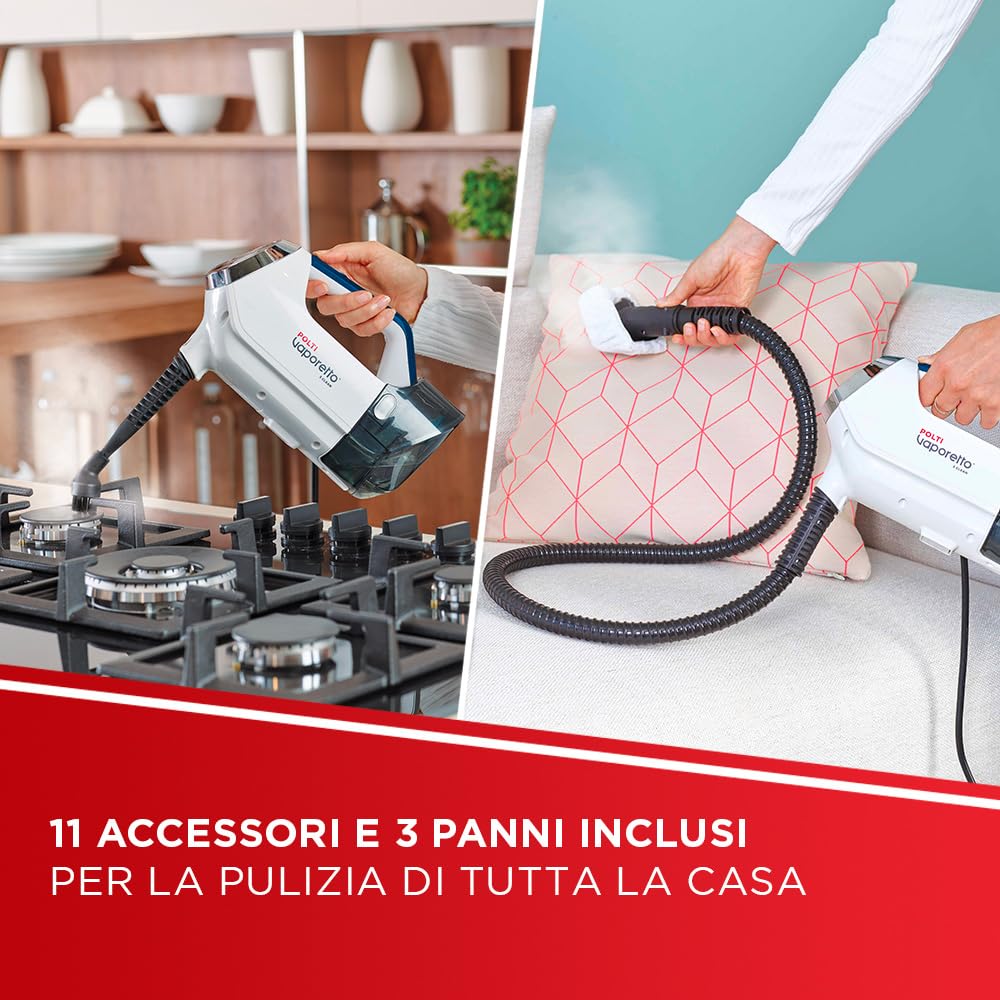 Polti Vaporetto 3 Clean Blue Aspirapolvere Lavapavimenti con Pulitore a Vapore Portatile, 3 Prodotti in 1, 14 Accessori, Aspirazione Ciclonica senza Sacco, Potenza Max 1800 W, Bianco e Blu