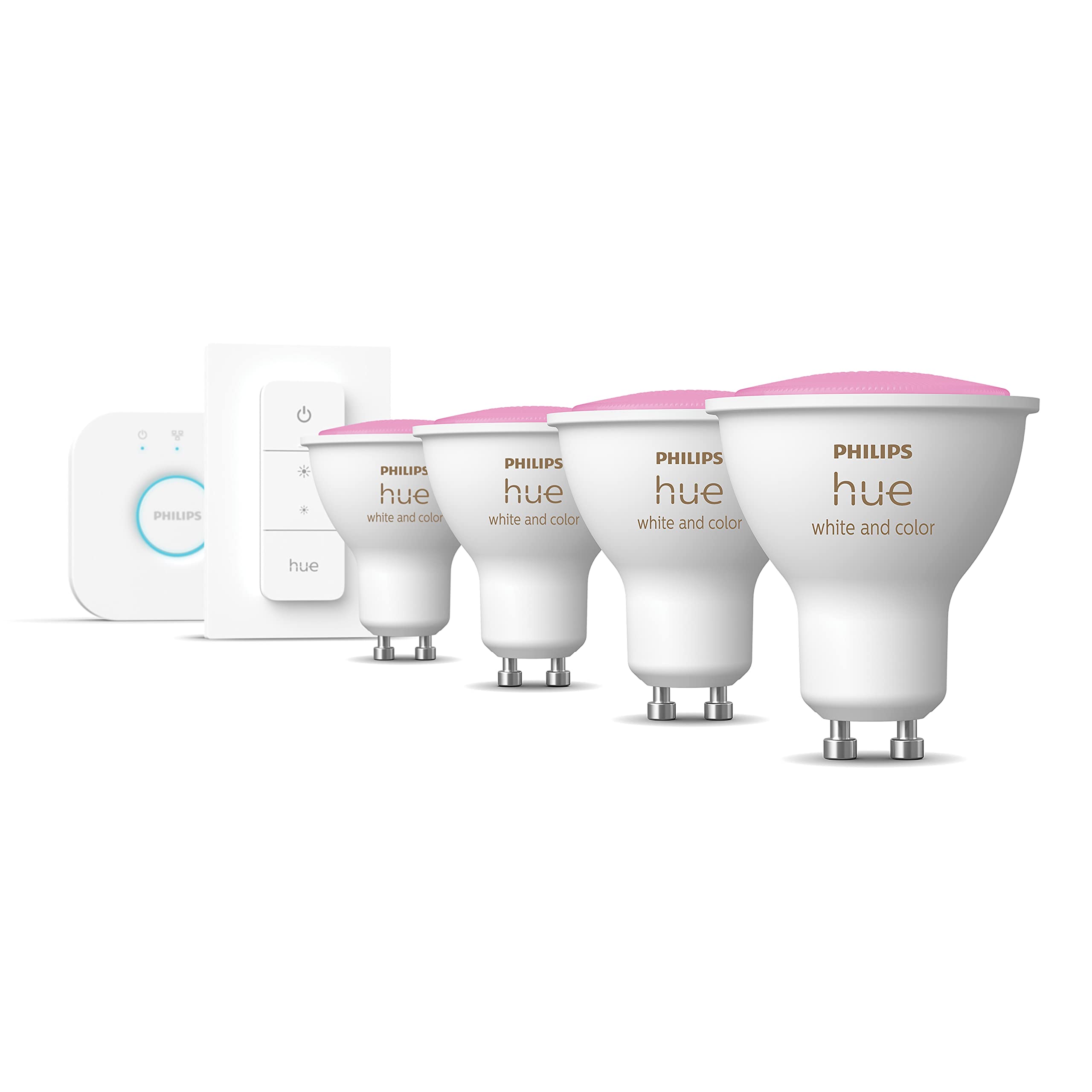 Philips Hue - Kit de inicio - 4 focos GU10 - Blanco/Color | Incluye Hue Bridge, Hue Dimmer Switch - Hue White and Color Ambiance