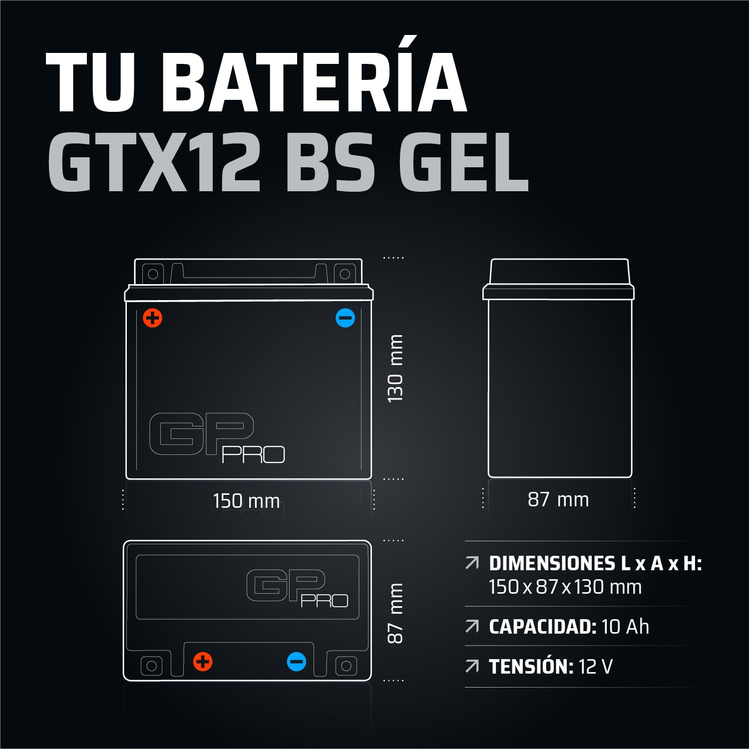 GP-PRO GTX12-BS - Batería de arranque para motos, 12V, 10Ah, parecido a YTX12-BS / 51012, sin necesidad de mantenimiento, 15 x 13 x 8.7 cm