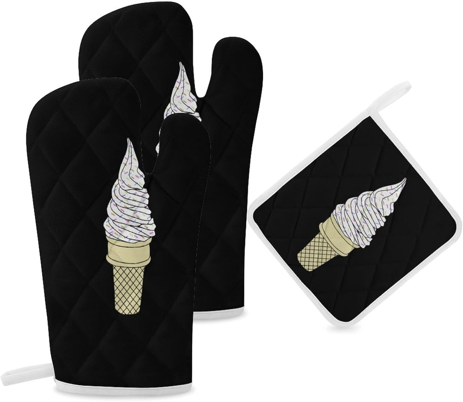 Ice Cream Cone Print Oven Mitts and Pot Holders 3 Piece Sets Heat Resistant Gloves Hot Pads Potholders for Kitchen Baking Cooking