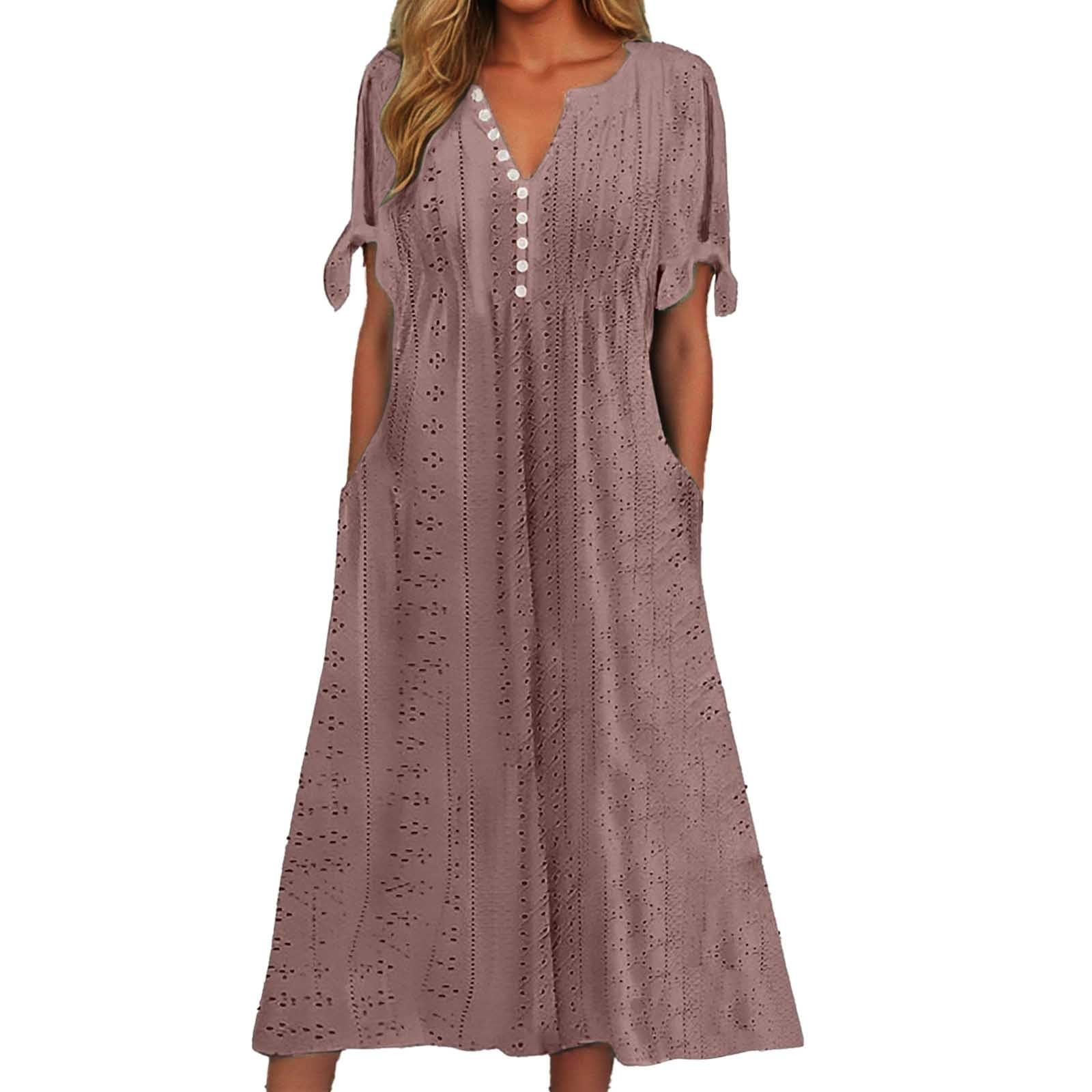 Beach Vacation Dress For Women 2025 Maxi Long Dresses Trendy Short Sleeve Eyelet Tshirt Dress Casual Summer Sundress