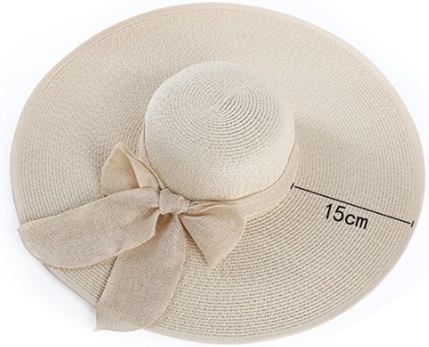 1Pcs Womens Sun Straw Hat Wide Brim Big Bowknot Beach Cap Floppy Foldable Sun Hat (Beige) - Image 8