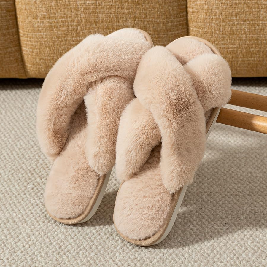 Women's Soft Indoor House Slippers Cross Band Outdoor Open Toe Fuzzy Slippers Memory Foam 6