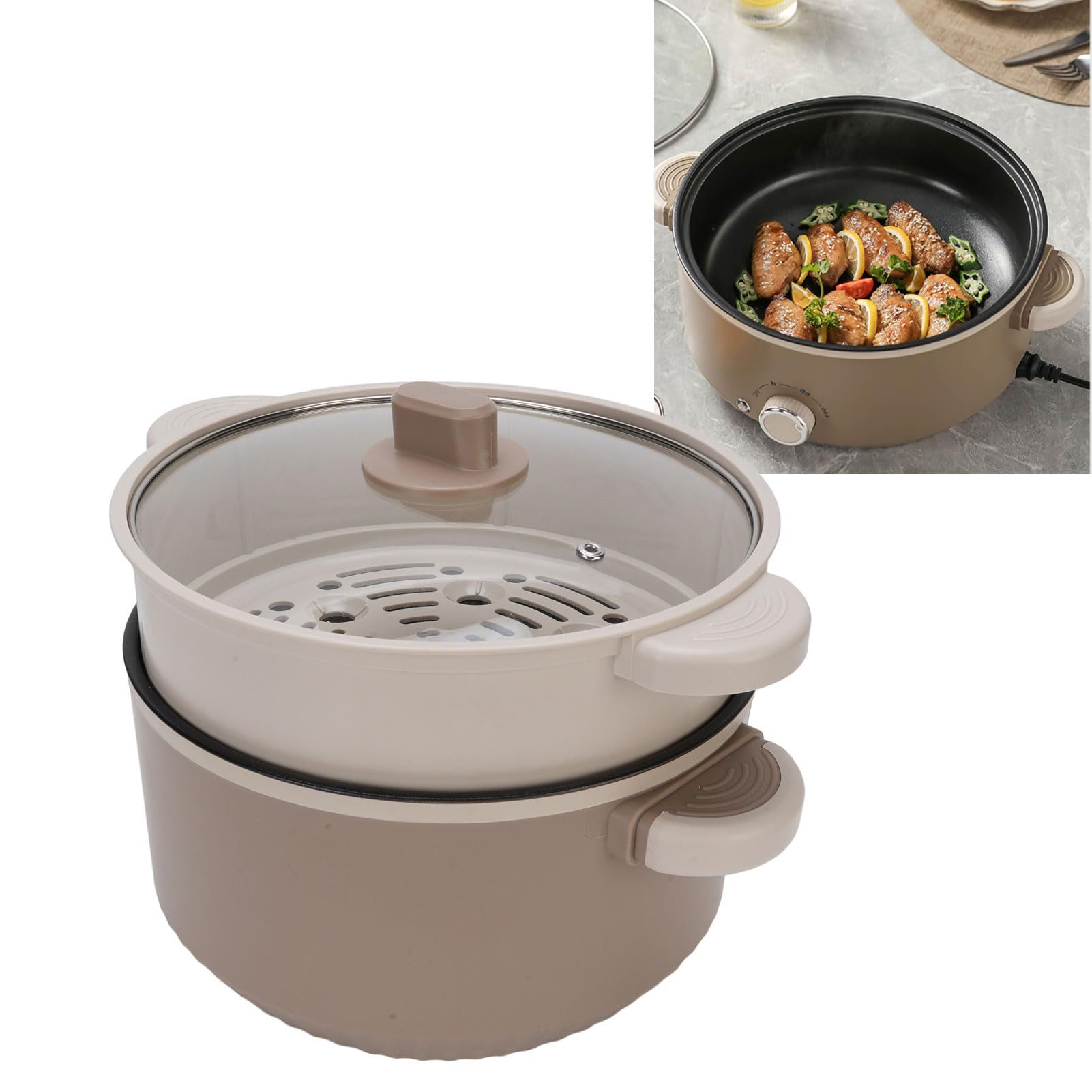 Hztyyier 3L Electric Hot Pot Dual Layer Cooking, Touch Control, Ideal for Family Gatherings, ABS and Aluminum Alloy Material with Steaming Basket (US Plug)