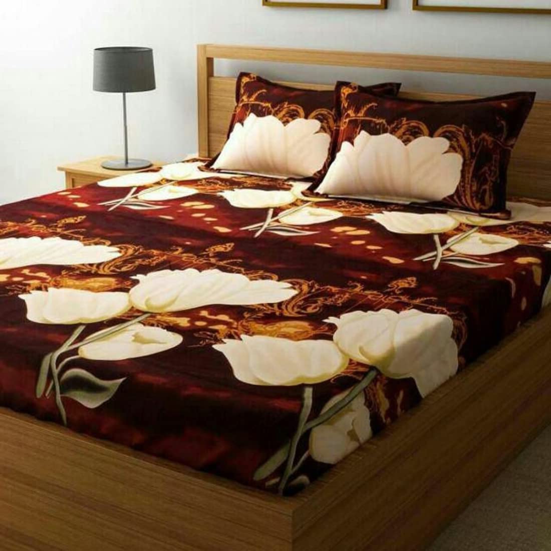 nikhatu Prime Collection 144 TC Polycotton 3D Printed Double Bedsheet with 2 Pillow Covers (Multicolour, Size 90 x 90 Inch) - Coca Cola with White Flower 3D5