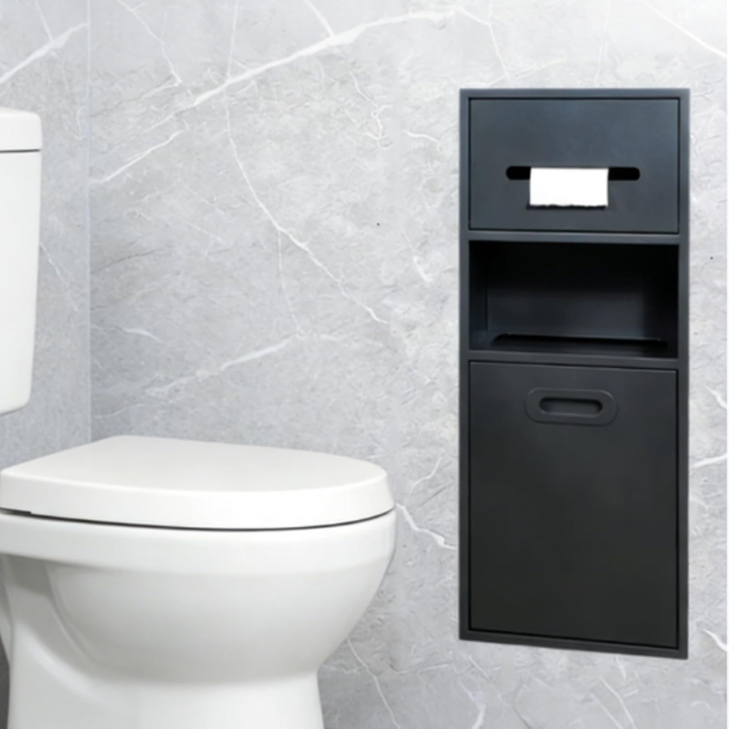 Stainless Steel Bathroom Niche Trash Can, 2-in-1 Toilet Paper Dispenser Wall Mount Commercial，Shower Niche No Tile Needed for Residential/Commercial(3-in-1-B)