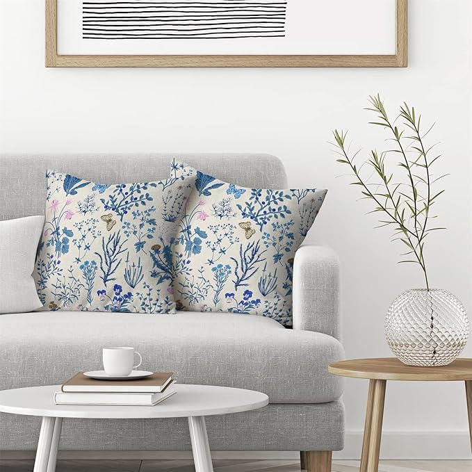 Image of AEIOAE Summer Pillow Covers 22x22 Inch Set of 2,Blue Wild Flower Plant Throw Pillows Case,Seasonal Floral Outdoor Decorative Square Linen Farmhouse Decor Cushion Covers for Home Sofa Bed Couch