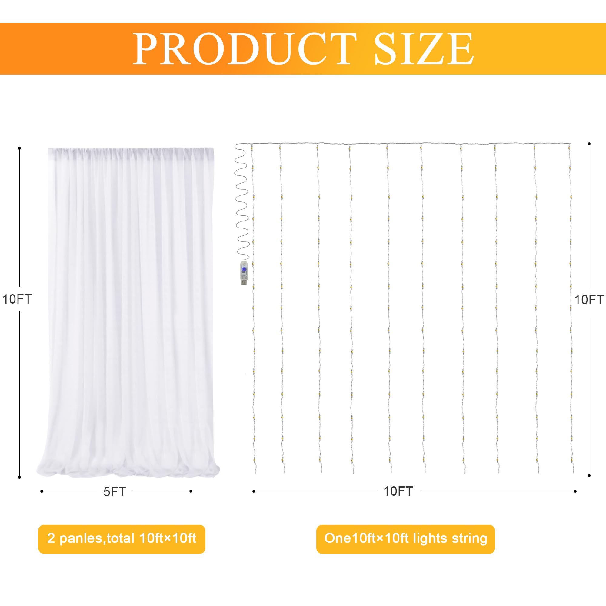 Fomcet Lot de 2 rideaux en tulle blanc de 3 x 3 m avec guirlandes lumineuses pour fêtes, mariage, anniversaire, fête prénatale, séance photo (2 panneaux, 1,5 x 3 m)