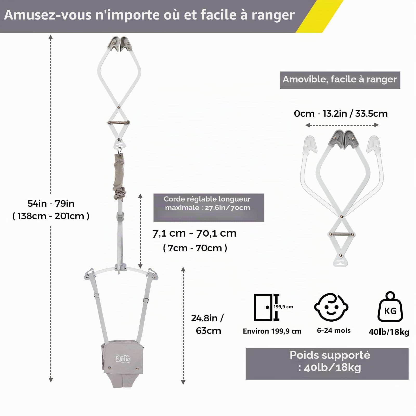 FUNLIO Transat de porte bébé pour 6 à 24 mois (avec pince de porte), porte bébé avec ressort solide/sangle réglable, facile à assembler et à ranger, portant 18 kg, certifié CE CPC - Gris
