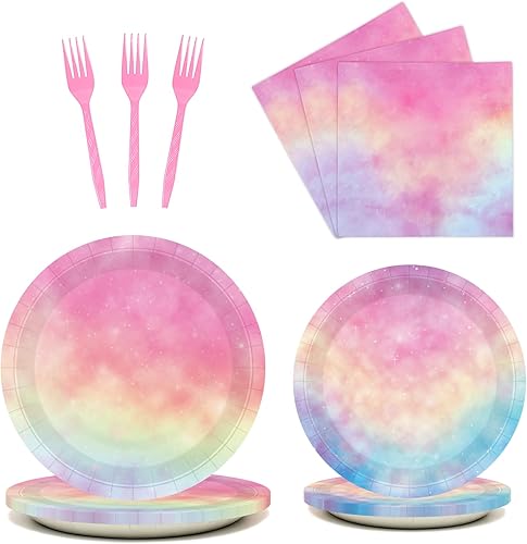 BQK 96 platos de papel pastel, decoraciones de fiesta de arcoíris pastel, platos y servilletas pastel suministros de fiesta suministros de fiesta