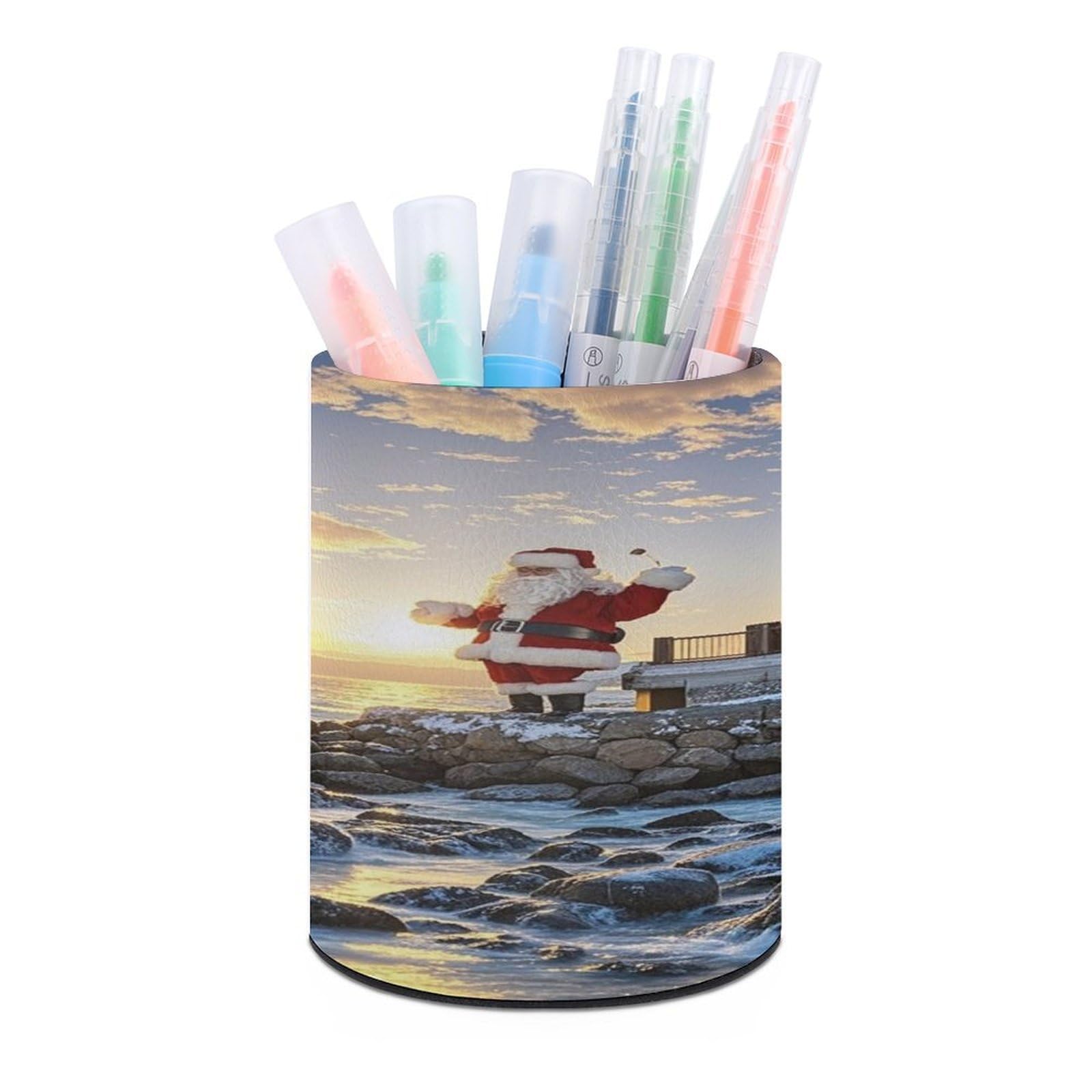 FekiLoot Round Santa Claus Lighthouse Pen Holder for Desk PU Leather Waterproof Pencil Cup Stand Minimalist Makeup Brush Storage Organizer Desktop Stationery Container Accessorires