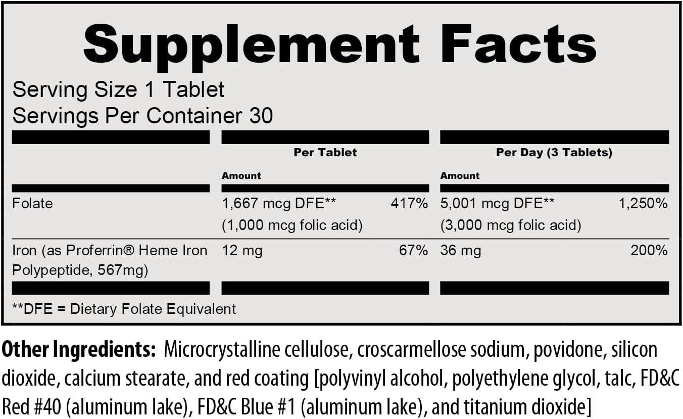 Proferrin Forte-12mg of high Absorbing Heme Iron Polypeptide. Easy on The Gut. 90 Tablets. 1mg of Folic Acid to aid in red Blood Cell Production. Not affected by Coffee, Calcium, or PPI's. - Image 2