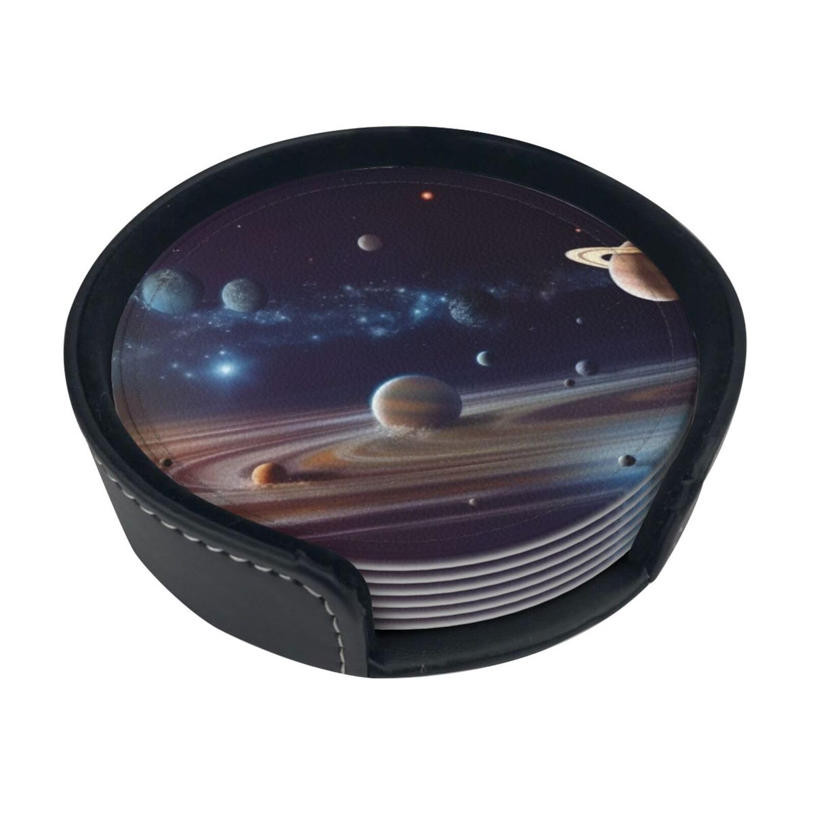 Planet Space System Round Leather Coasters (6 Pieces) - Drink Coaster Set For Desk, Modern Easy To Clean Home Office & Farmhouse Coasters