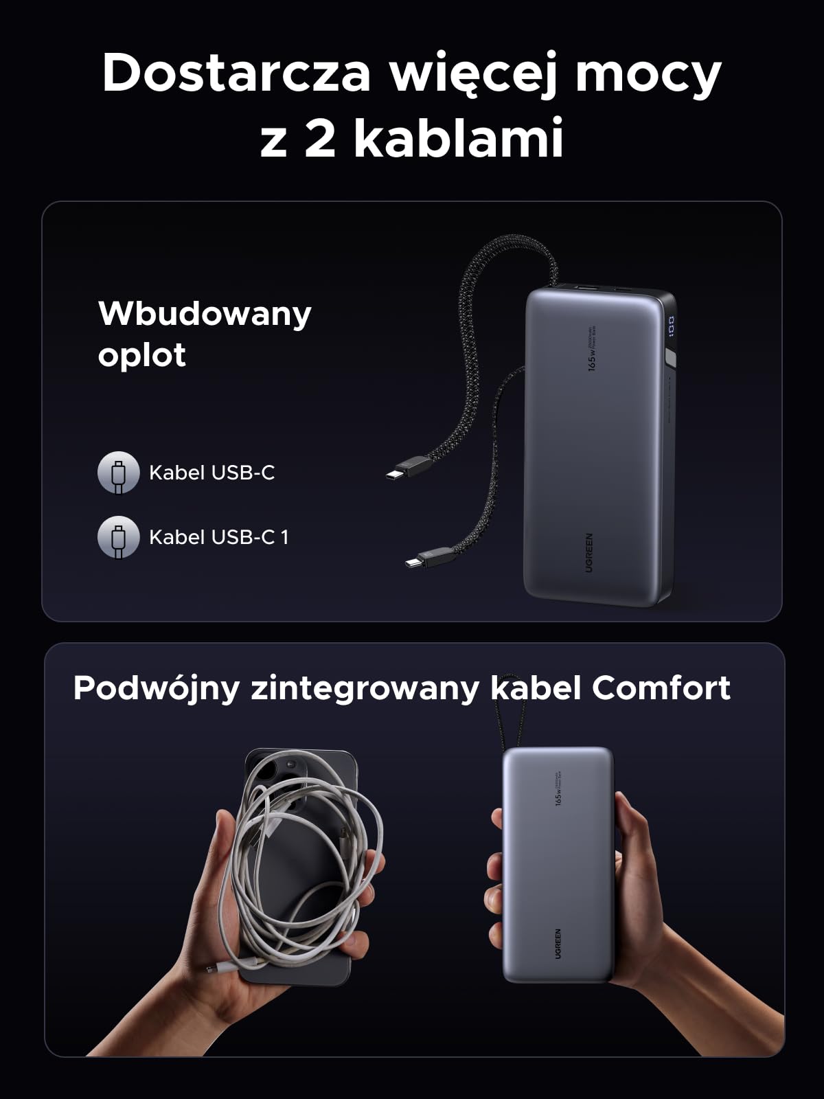 UGREEN Nexode Powerbank 25000mAh 165W z 2 wbud. USB-C-kable | Port USB-C max. 140W (PD3.1), 3x USB-C+1x USB-A, do podróży/biura, kompatybilny z MacBook Pro, Dell i iPhone