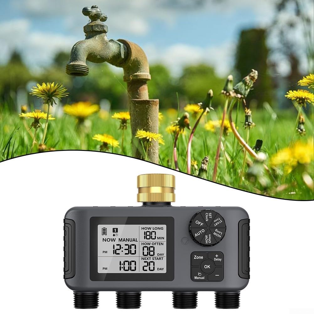 Timer automatico per irrigazione da giardino, quattro per regolatore di irrigazione a zona con sistema di irrigazione multi uscita, ritardo della pioggia per programma di irrigazione delle piante su