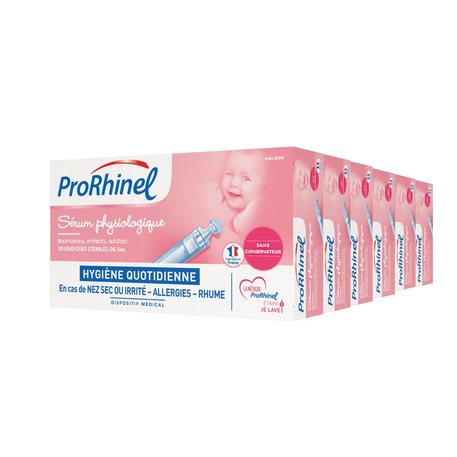 Prorhinel Lot de 6 Sérums Physiologiques. Hygiène du Nez Quotidienne - lavage nasal pour Nez Sec ou Irrité, Allergie et Rhume. 180 Unidoses. Fabriqué en France