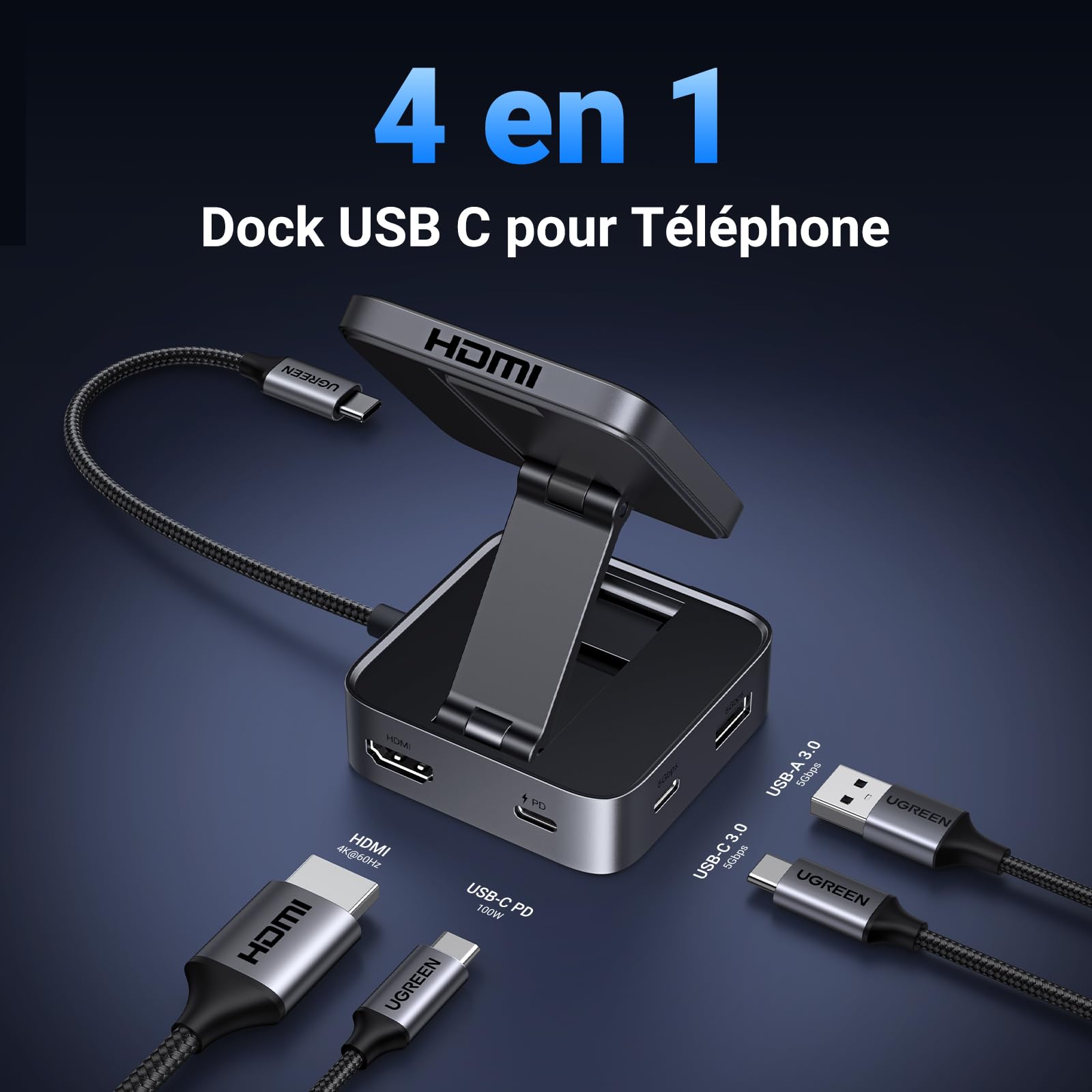 UGREEN Docking Station USB C Support Téléphone Magnétique Pliable | Hub USB C, Porte Smartphone Aimanté, HDMI 4K 60Hz, 5Gbps Transfert, PD 100W, Compatible avec MagSafe iPhone 17 16 15 Série