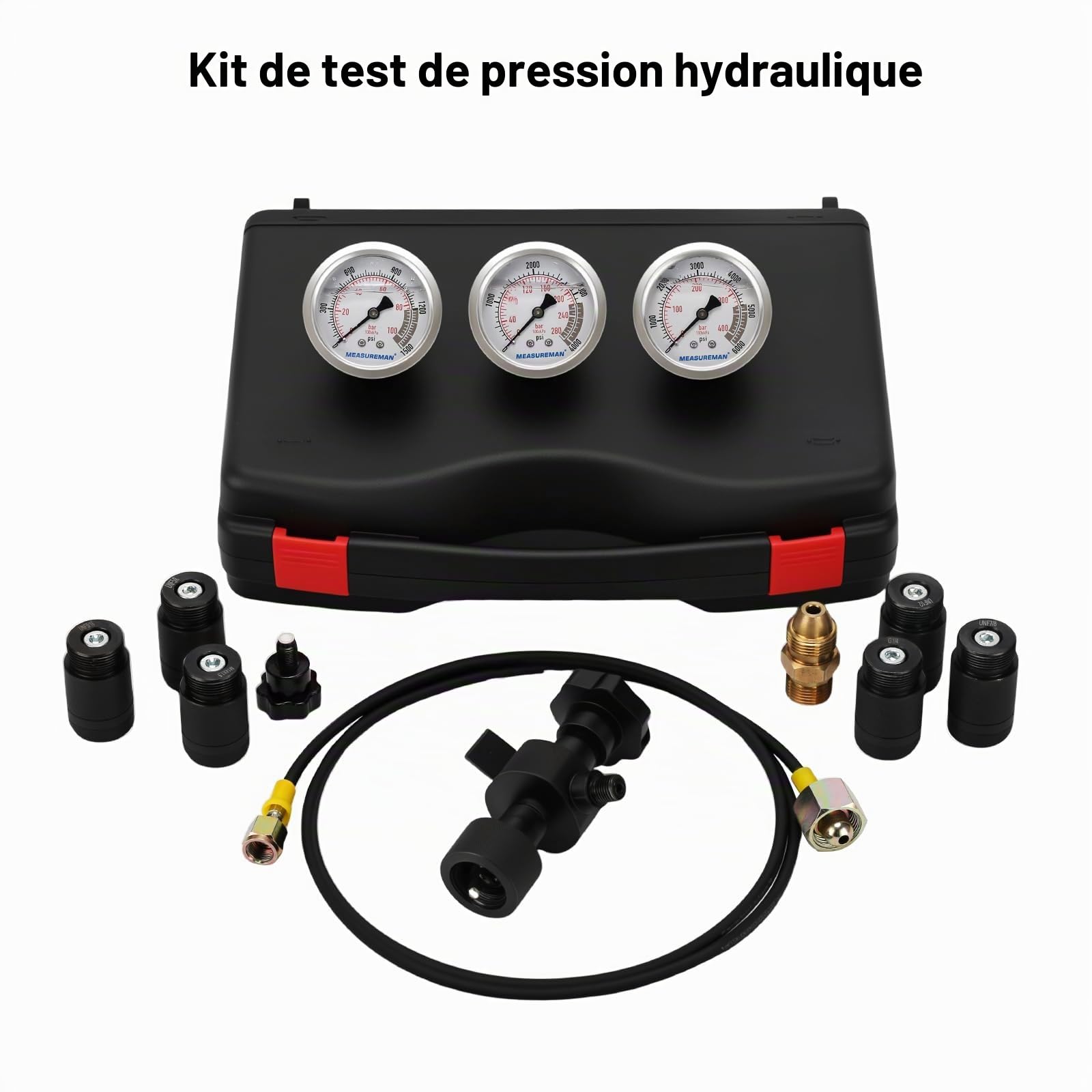 Kit Recharge Azote Accumulateur Hydraulique, Kit de test de pression d’azote, Système de test de pression d’azote, Outils de gonflage de gaz avec 7 raccords, 3 manomètres, 1 durite à gaz