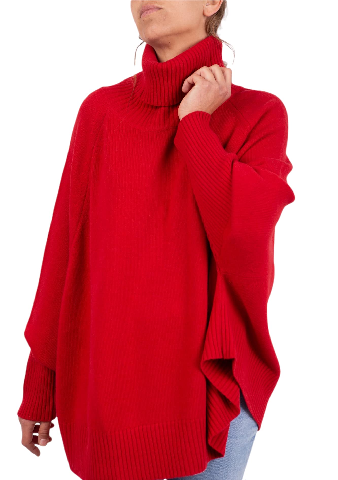 Marenza Women's Red Mere Blend Poncho Kimono Collar Ring Made In Italy Double Thread Long Sleeve Merino Wool Mere Cape One Size Gift Winter Clothing Wraps, One Size