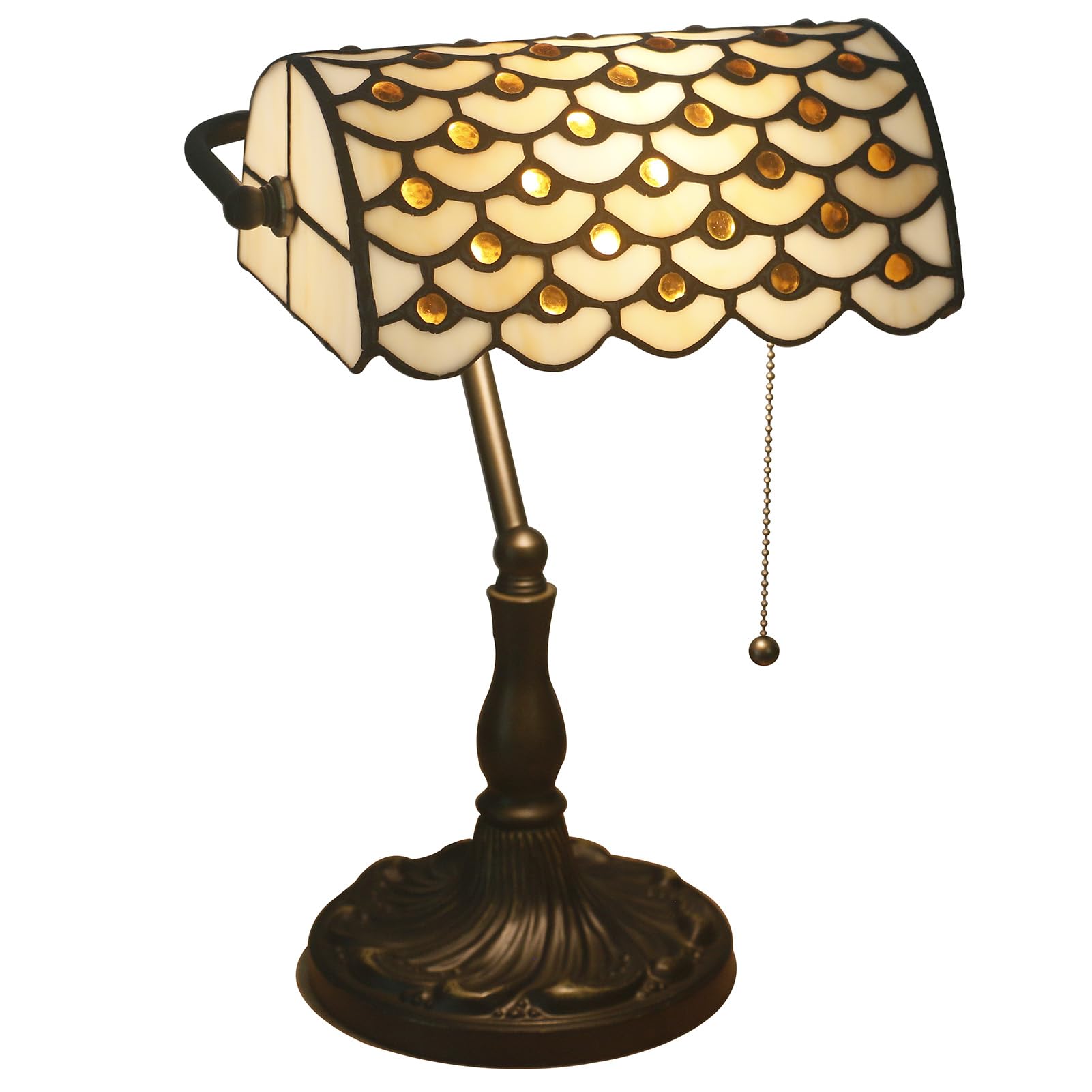 Uziqueif Bankers Lamp Green, Tiffany Style lamp with Pull Chain Switch, Stained Glass Desk Lamp, Reading Lamps for Home Office, Bedroom Study, Bedside Table,F