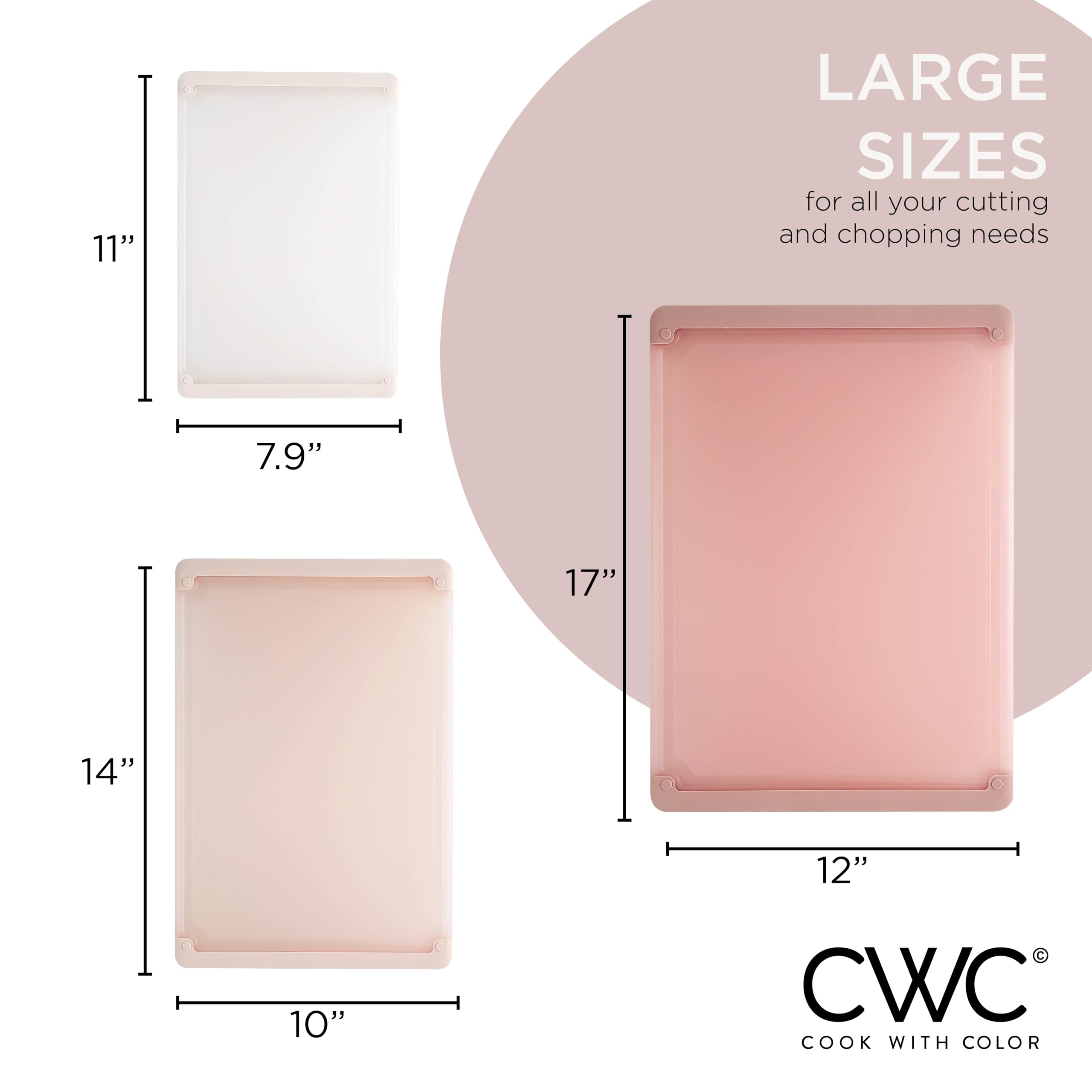 COOK WITH COLOR Extra Large Cutting Board Set, Jumbo-Sized Boards with Rubber Border for Enhanced Cooking Experience, 3-Piece, Pink