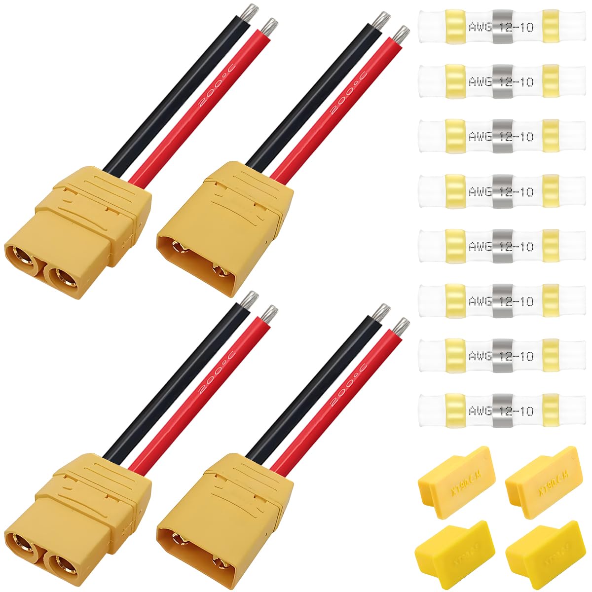 ZHUROUPU 2Pairs XT90U Plug Male Female Connectors with 10AWG Silicone Cable, XT90 Upgrade Battery Extension Adapter Pigtail Cable for RC Lipo Battery FPV Drone Aircraft, Dust Cover, Heat Shrink Tubing