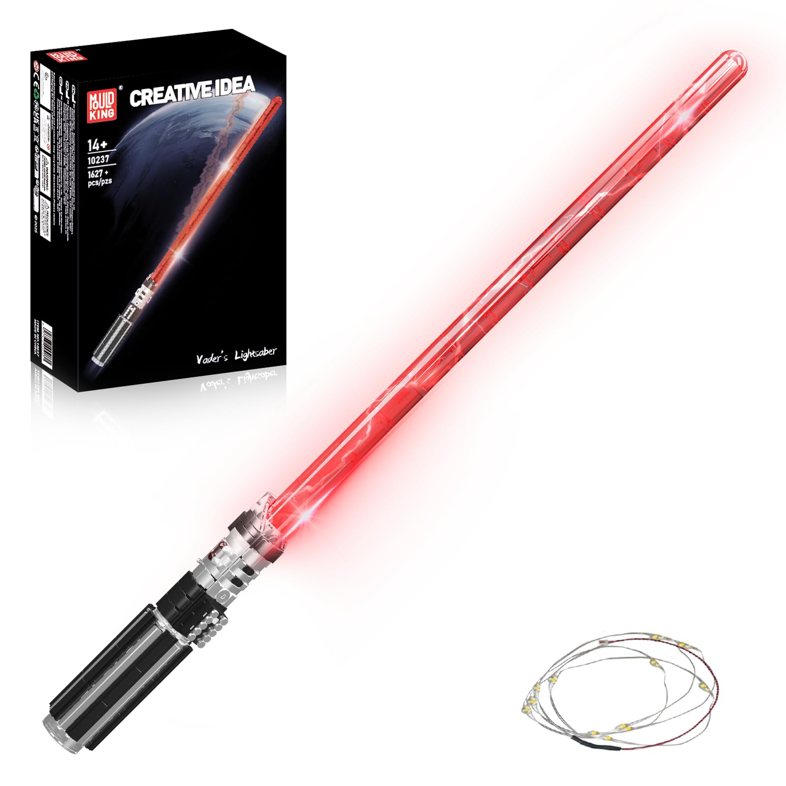 Mould King 10237 Technik Rot Lichtschwert Klemmbausteine Bausatz mit Licht und Ständer, 1627+ Teile Kreatives Cosplay Spielzeug, Technologie Halloween Laserschwerter Bauset