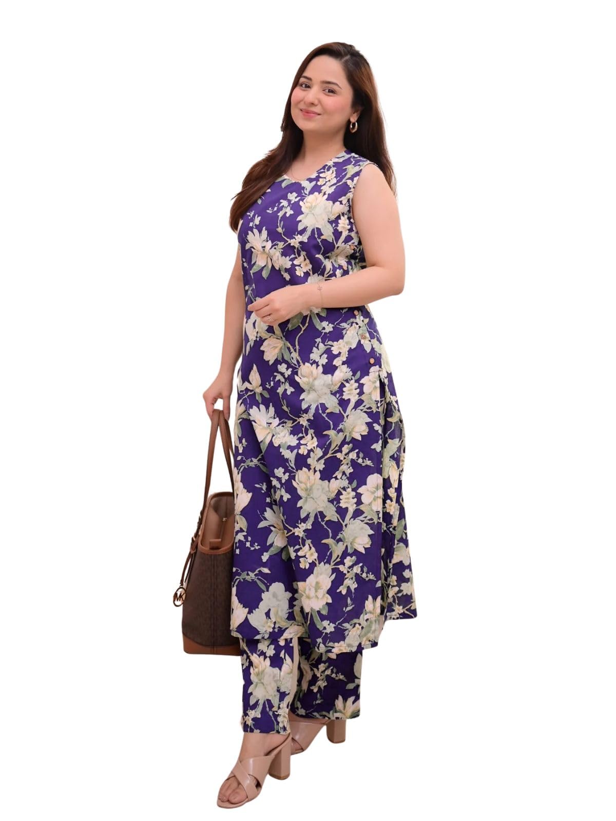 Leriya Fashion Women's Viscose Rayon Regular Floral (Lf-W.Kurta Set-K2768&P190_Blue