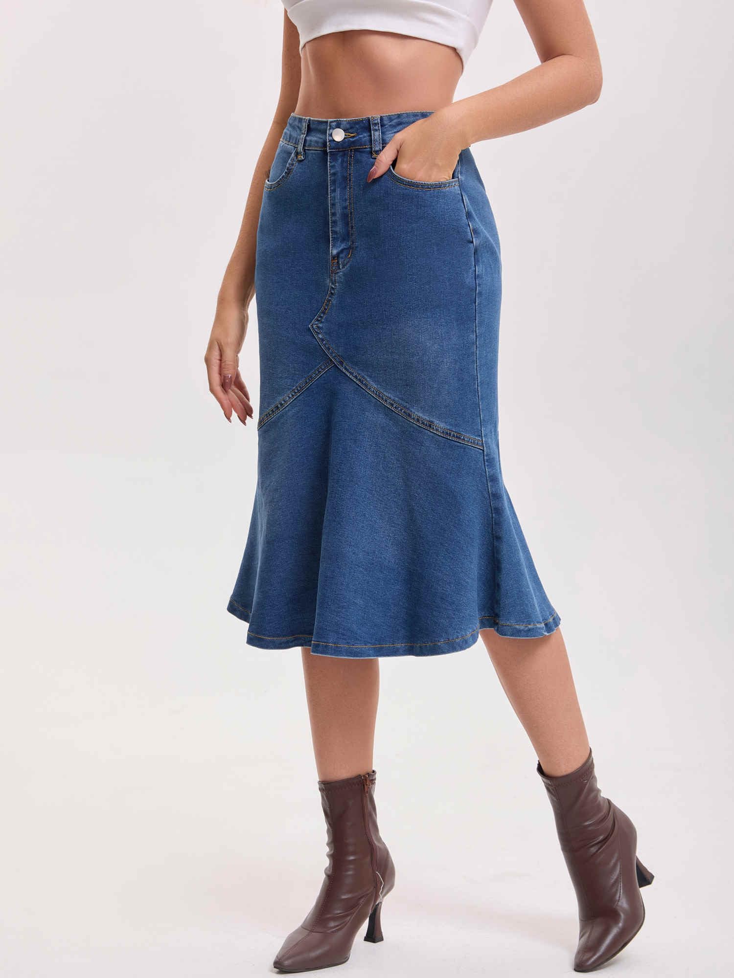 Damen Midi Jeansrock mit Fischschwanzsaum