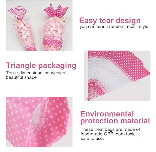 Miniatura 3 de FTVOGUE 50 bolsas transparentes en forma de cono para palomitas de maíz, bolsas de celofán para dulces con lazos giratorios (rosa)