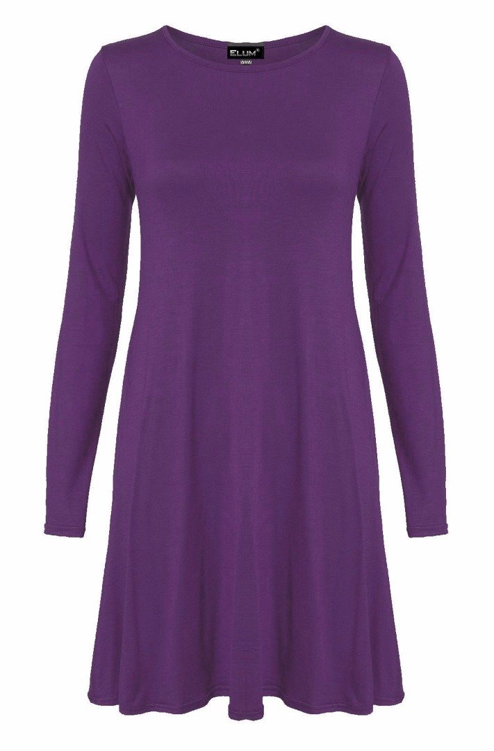 Elum ® Womens Plain Long Sleeve Skater Flared Swing Dress Purple