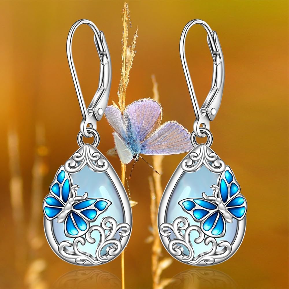 Butterfly Earrings Moonstone Blue Butterfly Earrings for Women Sterling Silver Filigree Moonstone Dangle Jewelry Dainty Valentines Mothers Day Christmas Gifts - Image 8
