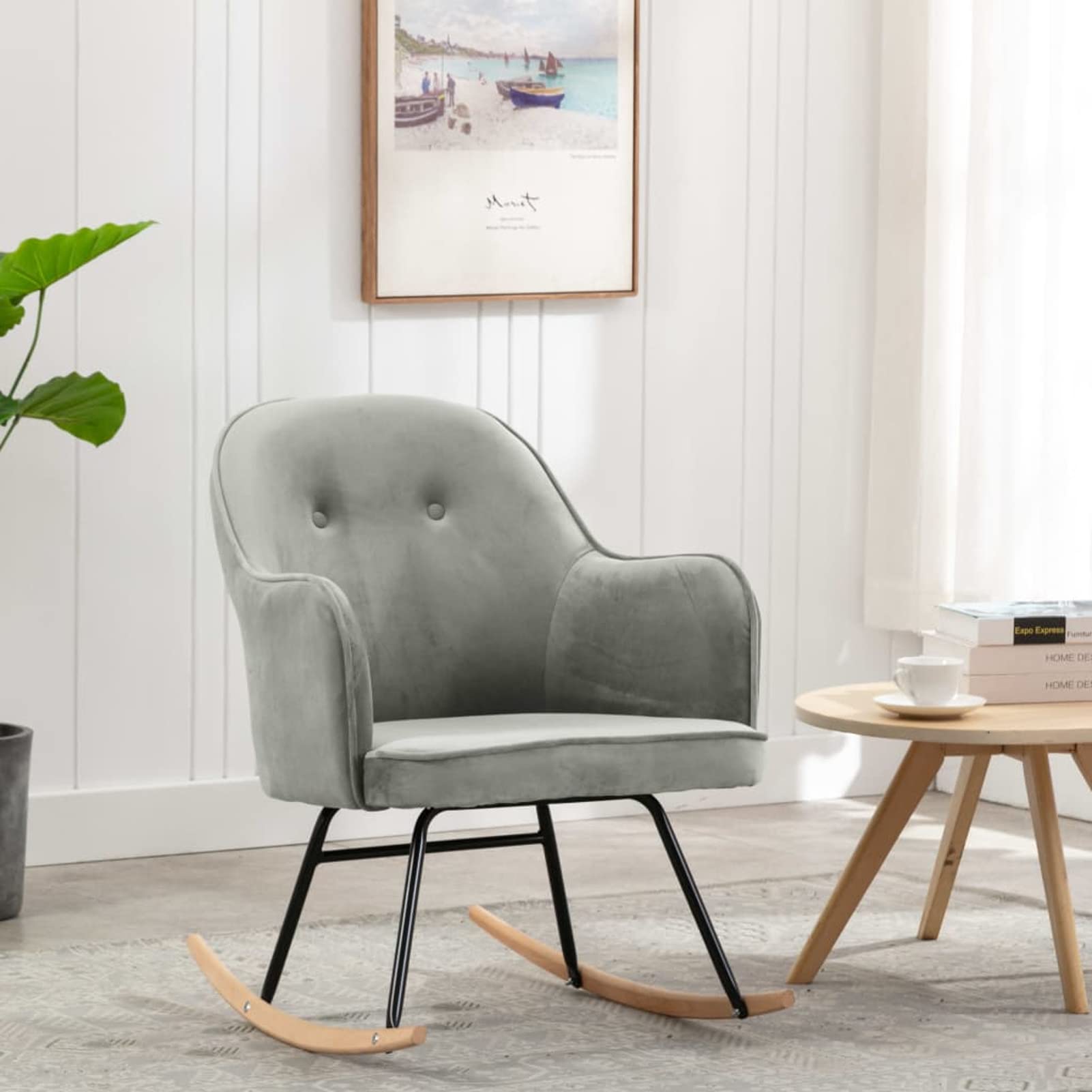 Chaise longue de jardin à bascule en velours gris au design contemporain et épuré