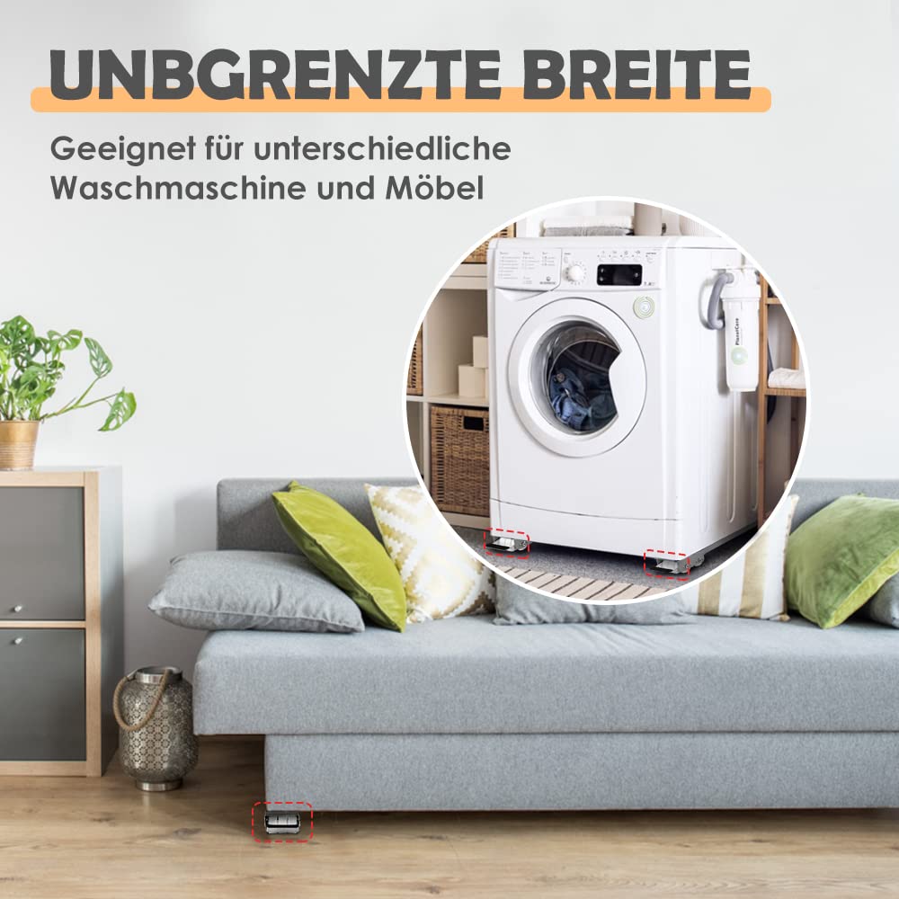 SMONTER 2er Set Waschmaschinen Untergestell mit Möbelheber und Rädern (Tragkraft 300kg), Möbelroller mit Bremsen, Transportrollen für Waschmaschine, Kühlschrank, Trockener, Geschirrspüler usw, Silbrig