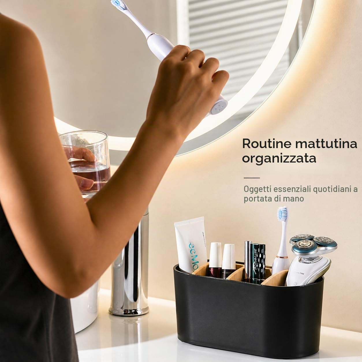 Porta Spazzolino Elettrico da Appoggio, Organizer Bagno con 6 Scomparti e Divisori in Bambù Rimovibili, Portadentifricio Multifunzione per Lavabo Cucina Soggiorno, Nero