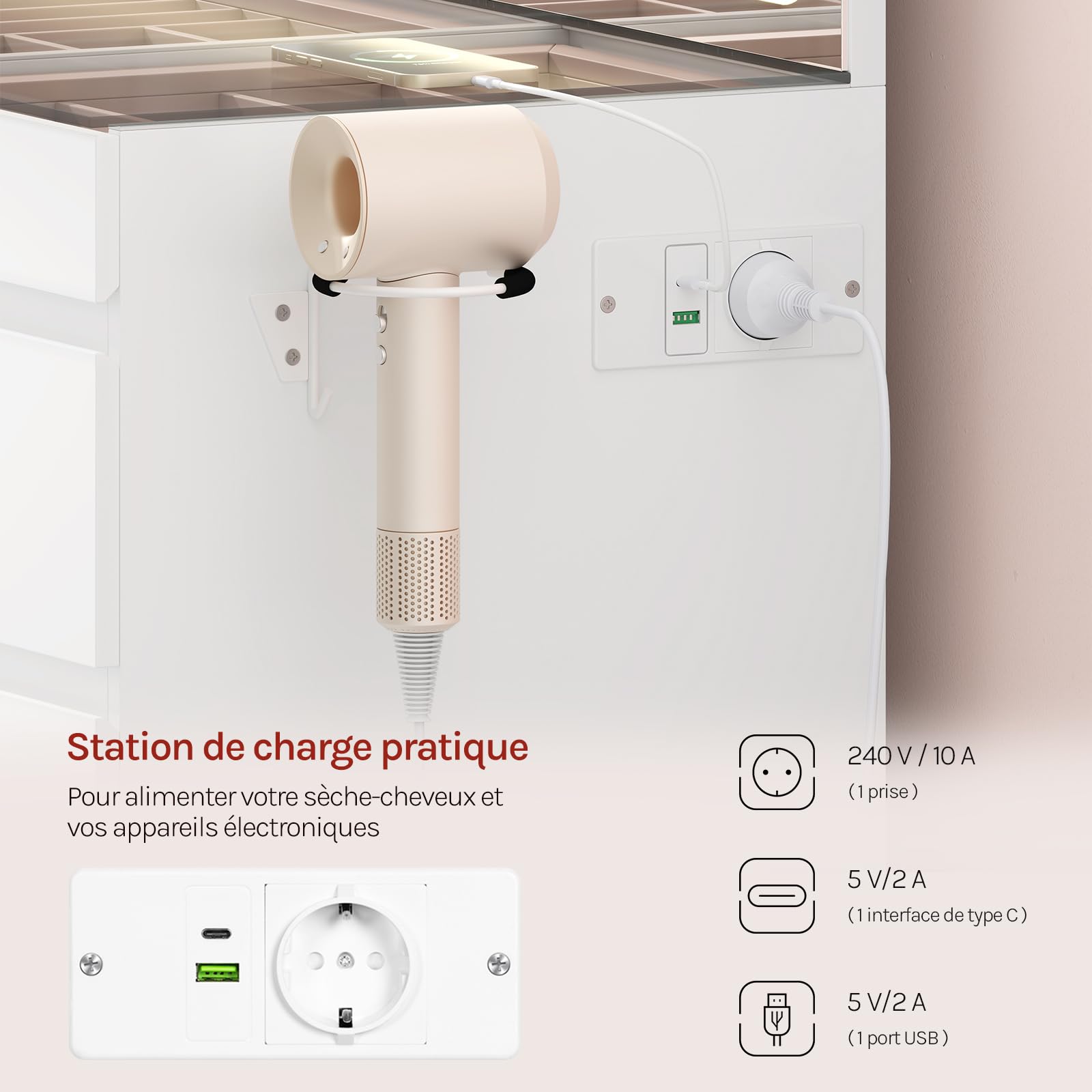 WOLTU Coiffeuse avec Grand Miroir LED, Plateau en Verre, Table de Maquillage avec 11 Tiroirs, Station de Charge, Compartiments à Bijoux & Support Sèche-Cheveux, Meuble Moderne pour Chambre, Blanc