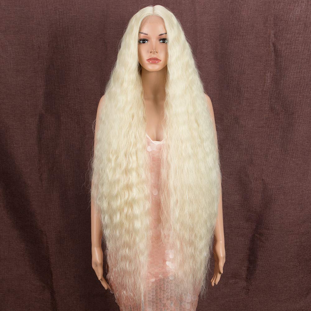 Style Icon 40 inch Blonde Super Long Curly Wavy Wig Synthetic Lace Front Wigs Deep Middle Part Baby Hair Blonde Wigs for Women Heat Resistant Fiber