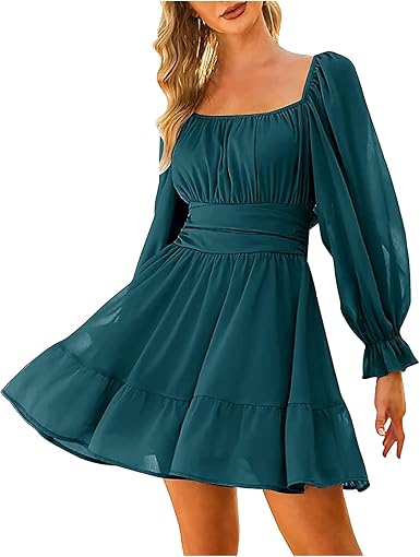 Amazon.com: Vestidos de gasa para mujer, elegantes, de moda, con cuello  cuadrado, con volantes, manga larga, sin espalda, delgado, estilo bohemio,  mini vestido : Ropa, Zapatos y Joyería
