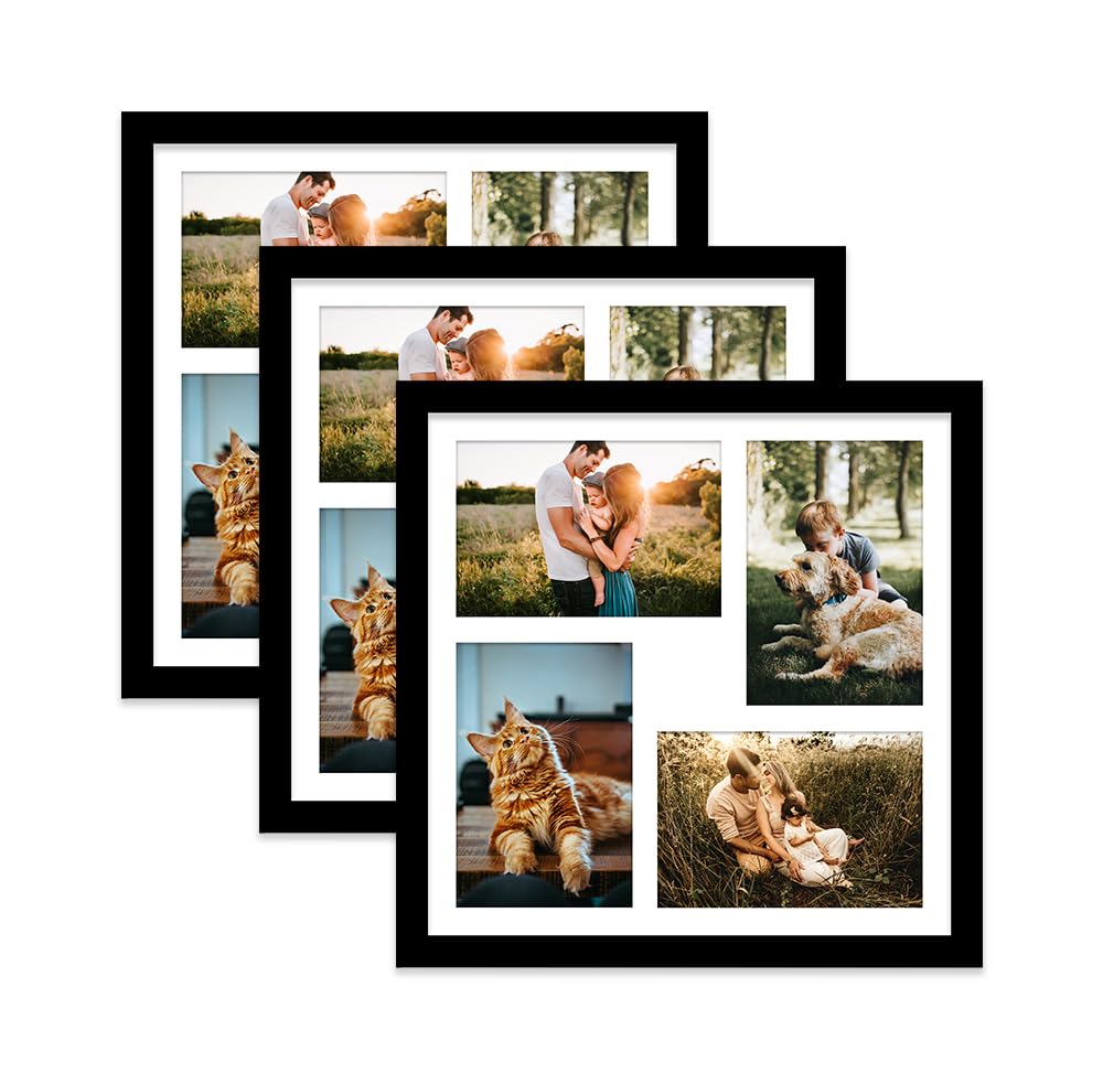 Black Multi Photo Frame - Holds 4 x 6x4 Pictures, Family Collage Picture Frame for Wall Display, 12x12 Frame size, Set of 3