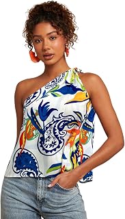 KATECLO Women One Shoulder Floral Printed Top | Stylish Asymmetrical Sleeveless Summer Casual Blouse | Soft Lightweight Tr... Price In India
